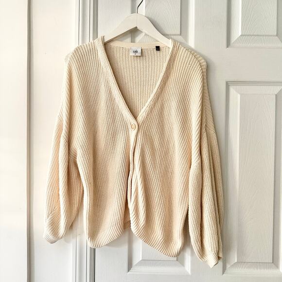 Cabi Beige Bishop Puff Volume Sleeve Open Knit V Button Cardigan Medium 5447 - Picture 2 of 10